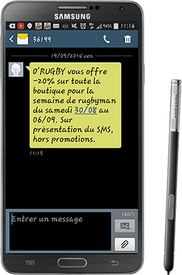 Exemple de SMS marketing O Rugby envoyé lors de l'organisation d'une semaine dédiée aux rugbymans