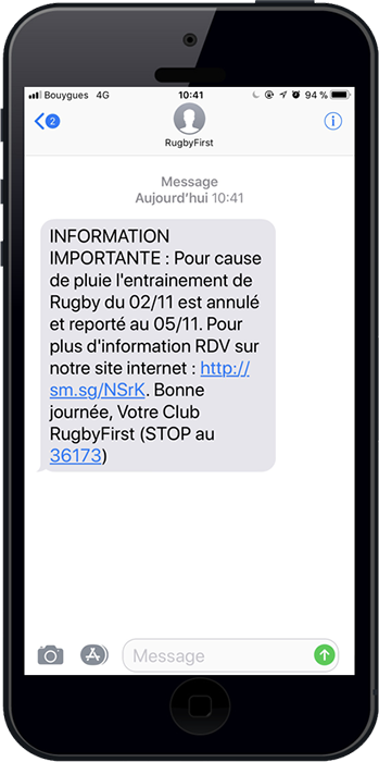 Exemple d'une alerte sms pour annulation d'un entraÃ®nement sportif