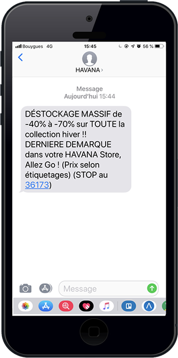 Exemple d'un envoi de sms pour une boutique pour un destockage massif !