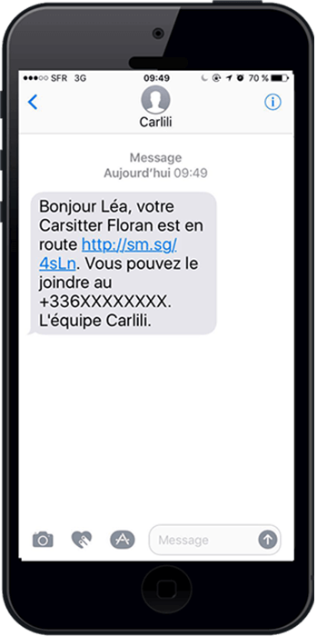 L'envoi d'un sms de notification permet aux clients de recevoir les coordonnées des Carsitters