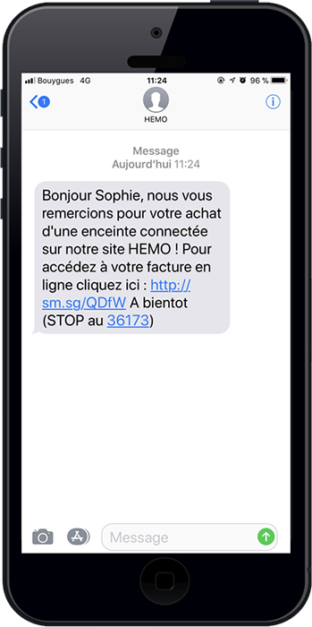 Exemple d'une alerte sms personnalisée pour remercier un client suite à un achat