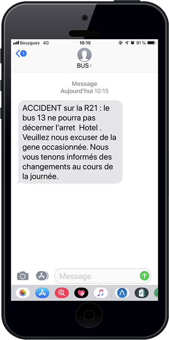 Exemple SMS envoyé par une société de transport pour informer d'une crise les clients