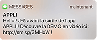 Exemple SMS avec un lien raccourci inséré dedans pour inciter les gens à cliquer et à télécharger l'application