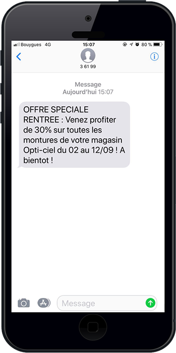 Exemple d'un sms promotionnel envoyé par un opticien avec une offre de rentrée
