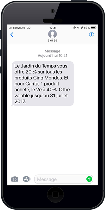 Exemple d'un sms marketing envoyé par un client de SYLBOHEC