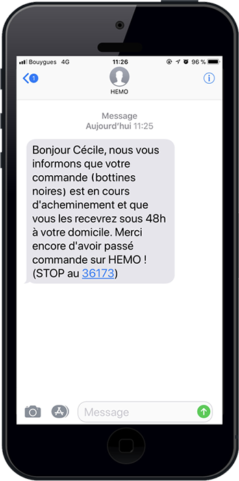Exemple d'un sms personnalisé avec la commande d'un client