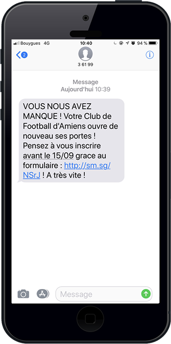 Exemple d'un sms pro pour clubs sportifs envoyÃ© pour l'inscription