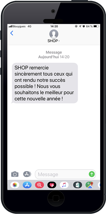 Un sms pour envoyer ses voeux professionnel d'une boutique à ses clients fidèles pour les remercier et leur souhaiter le meilleur pour l'année à suivre