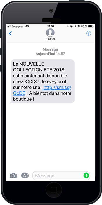 Exemple d'un sms envoyé lors du lancement d'une nouvelle collection envoyé par un magasin de prêt à porter