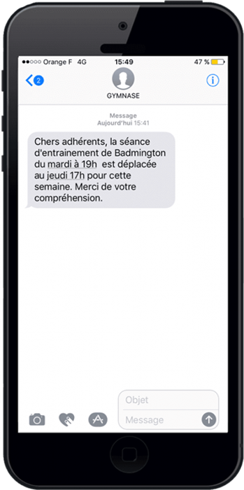 Le SMS d’Alerte est idéal pour les gymnases accueillants différents clubs sportifs. Le SMS envoi une notification de changement d’horaire permet aux clubs de sports indoor de s’organiser efficacement.