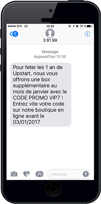Exemple d'un sms marketing pour fêter les un an d'une startup avec un code promo
