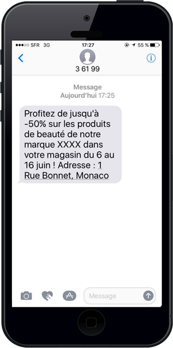 Exemple d'un sms pour franchise envoyé avec l'adresse personnalisée de la franchise