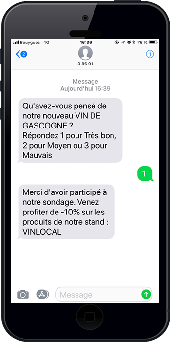 Exemple d'un sondage sms envoyé par un exposant lors d'une foire aux vins et à la gastronomie pour faire participer les visiteurs et leur proposer des offres alléchantes