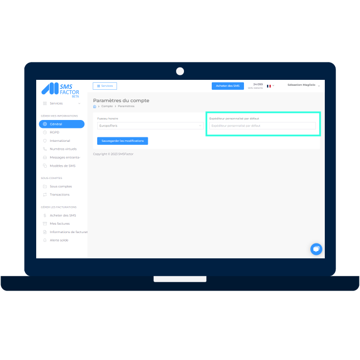 Configuration de l'expéditeur par défaut sur la plateforme SMSFactor