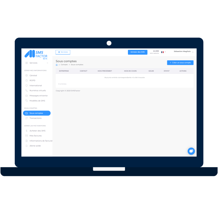 Gestion des sous comptes sur la plateforme SMSFactor